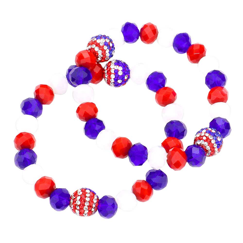 Multi 2PCS American USA Flag Shamballa Ball Stretch Bracelets, Add this 2 piece USA flag style Shamballa bracelet to light up any outfit, feel absolutely flawless. Coordinate with any ensemble from business casual to everyday wear. Show your love for your country with this patriotic bracelet. Featuring red, white and blue for a bit of fashionable fireworks flair. 