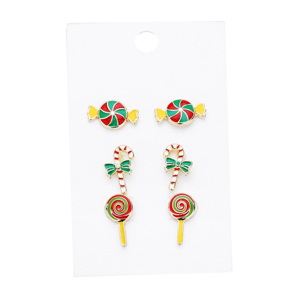 Multi 3 Pairs Christmas Enamel Peppermint Candy Cane Lollipop Stud Earrings, get into the Christmas spirit with these gorgeous handcrafted Christmas Earrings, will dangle on your earlobes & bring a smile to those who look at you. Perfect Gift December Birthday, Christmas, Stocking Stuffers, Secret Santa, BFF, Holiday Spirit
