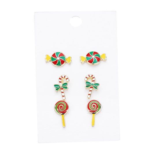 Multi 3 Pairs Christmas Enamel Peppermint Candy Cane Lollipop Stud Earrings, get into the Christmas spirit with these gorgeous handcrafted Christmas Earrings, will dangle on your earlobes & bring a smile to those who look at you. Perfect Gift December Birthday, Christmas, Stocking Stuffers, Secret Santa, BFF, Holiday Spirit