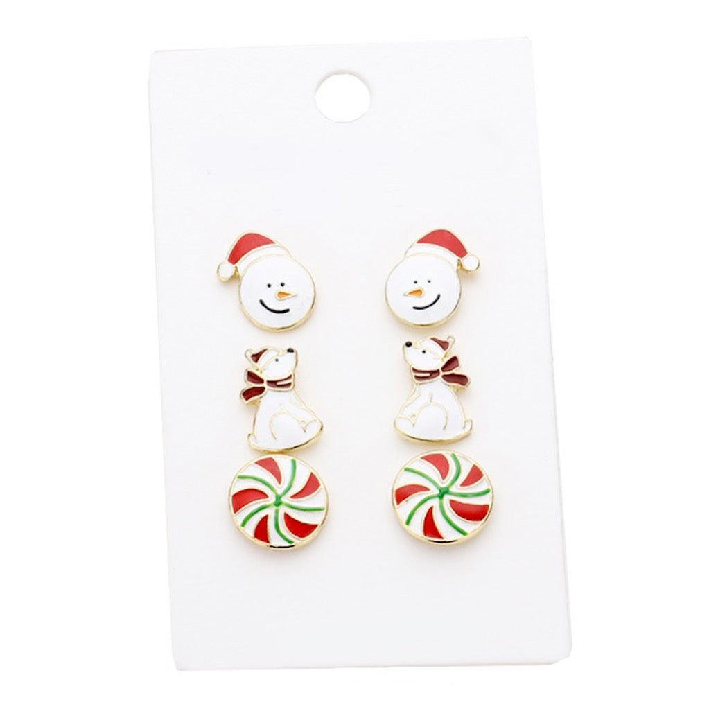 Multi 3 Pairs Christmas Snowman Polar Bear Peppermint Charm Stud Earrings, get into the Christmas spirit with these gorgeous handcrafted Christmas Earrings, will dangle on your earlobes & bring a smile to those who look at you. Perfect Gift December Birthday, Christmas, Stocking Stuffers, Secret Santa, BFF, Holiday Spirit