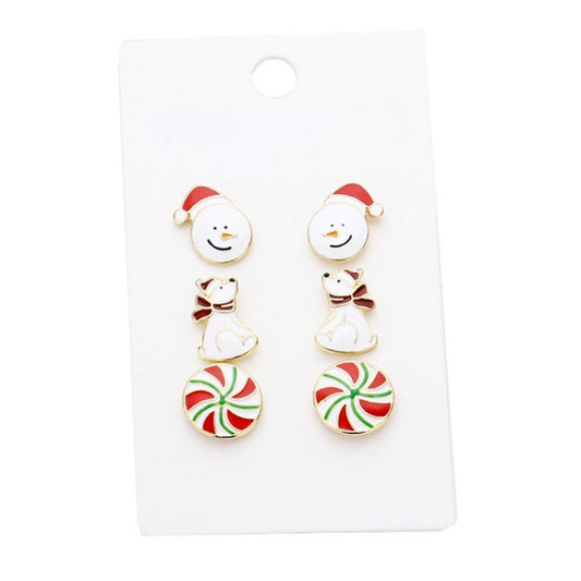 Multi 3 Pairs Christmas Snowman Polar Bear Peppermint Charm Stud Earrings, get into the Christmas spirit with these gorgeous handcrafted Christmas Earrings, will dangle on your earlobes & bring a smile to those who look at you. Perfect Gift December Birthday, Christmas, Stocking Stuffers, Secret Santa, BFF, Holiday Spirit