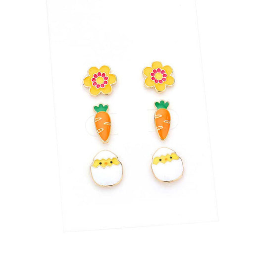 Multi 3Pairs Enamel Flower Carrot Easter Egg Stud Earrings, perfect for the festive season, embrace the Easter spirit with these cute enamel egg flower carrot earrings, these sweet delicate gift earrings are sure to bring a smile to your face. Surprise your loved ones on this Easter Sunday occasion. Great gift idea for Wife, Mom, or your Loving One.