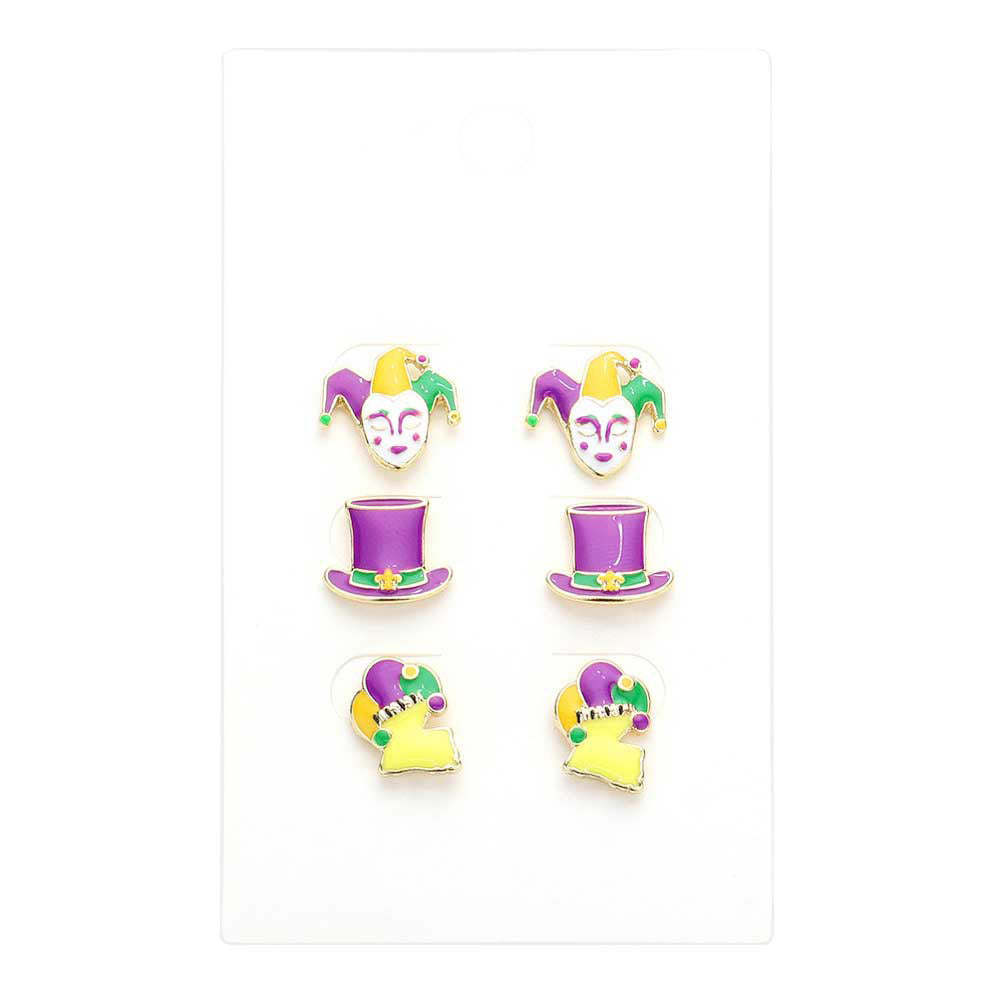 Multi 3Pairs Mardi Gras Mask Hat Stud Earrings, With these Mardi Gras, 3Pairs Mardi Gras Mask Hat Stud Earrings Dangle earrings rock every party you attend to. The beautifully crafted design adds a gorgeous glow to your Mardi Gras outfit. These 3Pairs Mardi Gras Mask Hat Stud Earrings rock every party you attend.