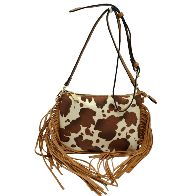 Multi 4 Trendy Cowprint Tassel Fringe Crossbody purse womens Handbag, This Cowprint handbag can be worn crossbody or on the shoulder. These comfortable handbag is made of high quality durable leather.This handbag features one big compartments, for your essentials and a little more. Show your trendy side with this awesome crossbody bag. Have fun and look stylish with its fringe details.