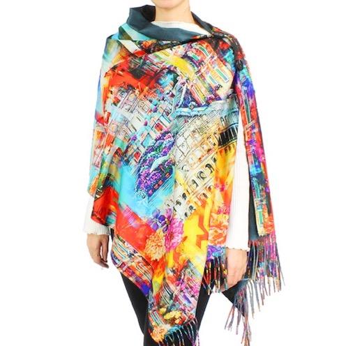Multi Abstract Print Colorful Pattern Fringe Poncho Outwear Ruana Shawl Cape, the perfect accessory, luxurious, trendy, super soft chic capelet, keeps you warm & toasty. You can throw it on over so many pieces elevating any casual outfit! Perfect Gift Birthday, Holiday, Christmas, Anniversary, Wife, Mom, Special Occasion
