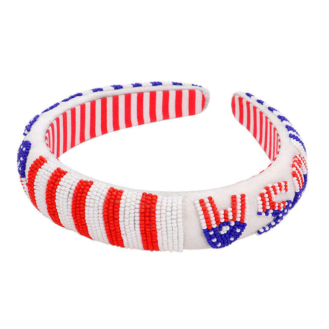 Multi American USA Flag Beaded Headband. This beautiful solid color Headband easy to use, light weight, Push back your hair with this exquisite knotted headband, spice up any plain outfit! Be ready to receive compliments. Be the ultimate trendsetter wearing this chic headband with all your stylish outfits! Show your love for our country with this sweet patriotic USA flag style American Flag star headband. Featuring red, white and blue stars and seed beads for a bit of fashionable fireworks flair.