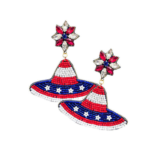 Multi American USA Flag Hat Beaded Dangle Earrings. America USA Flag Hat Earrings, helps to Show your love for our country with this sweet patriotic star USA flag style American Flag dangle Earrings. Featuring red, white and blue stars and for a bit of fashionable fireworks flair.  Perfect Birthday Gift, Anniversary Gift, Mother's Day Gift, Thank you Gift.