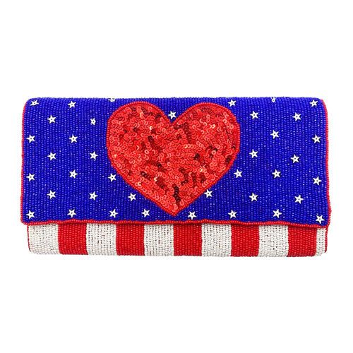 Multi American USA Flag Heart Seed Beaded Clutch Crossbody Bag. Look like the ultimate fashionista when carrying this small chic bag, great for when you need something small to carry or drop in your bag. Keep your keys handy & ready for opening doors as soon as you arrive. Perfect Birthday Gift, Anniversary Gift, Mother's Day Gift.