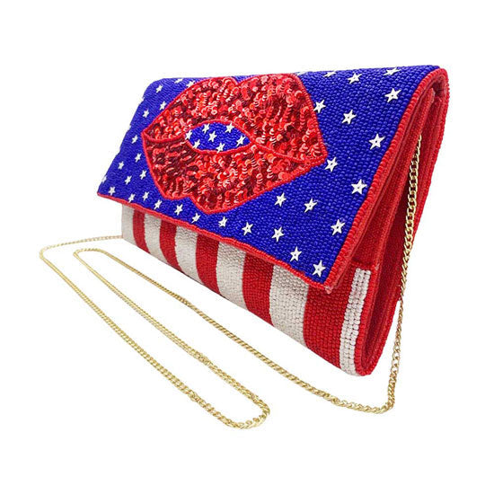Multi American USA Flag Lips Seed Beaded Clutch Crossbody Bag. This high quality Crossbody Bag is both unique and stylish. perfect for money, credit cards, keys or coins and many more things, light and gorgeous. perfectly lightweight to carry around all day. Look like the ultimate fashionista carrying this trendy  Crossbody Bag!
