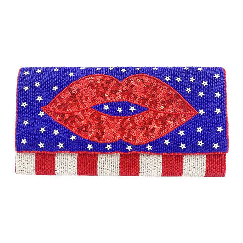 Multi American USA Flag Lips Seed Beaded Clutch Crossbody Bag. This high quality Crossbody Bag is both unique and stylish. perfect for money, credit cards, keys or coins and many more things, light and gorgeous. perfectly lightweight to carry around all day. Look like the ultimate fashionista carrying this trendy  Crossbody Bag!