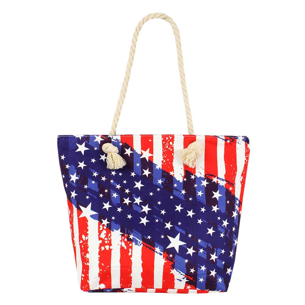 Multi American USA Flag Print Beach Tote Bag, Tote your beach-bound essentials in a patriotic style tote done with an American Flag exterior. Whether you're shopping, heading to the pool, or the beach, this American USA Flag Print Tote Bag is the perfect accessory.