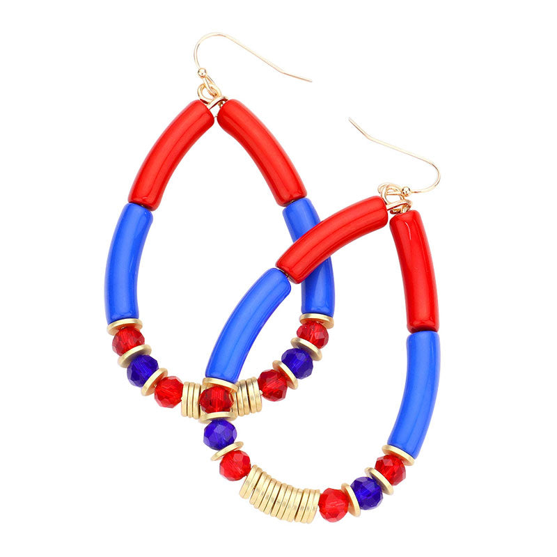 Multi American USA Flag Teardrop Dangle Earrings. Show your love for our country with this sweet patriotic USA flag style American Flag Earrings. Featuring red, white and blue for a bit of fashionable fireworks flair. The earrings will become a wonderful addition to any jewelry collection. Show your patriotic devotion, and look and feel great with these dangle earrings!