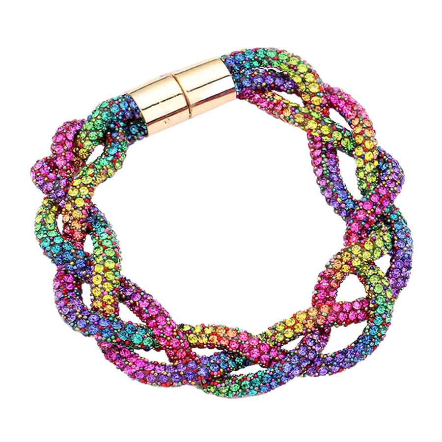 Multi Bling Braided Magnetic Bracelet, Glam up your look with this Magnetic bracelet featuring an alluring braided mesh design and high polish finish for extra sheen. The magnet clasp keeps the bracelet secure on your wrist and makes it easy to wear and take off. This wide braided bracelet works well as a statement jewelry piece. Awesome gift for birthday, Anniversary, Valentine’s Day or any special occasion.