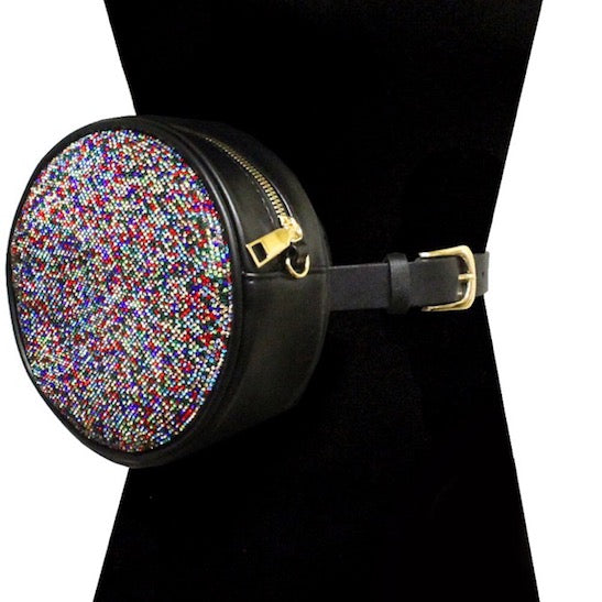 Multicolor Rhinestone Pave Bling Round Clutch Crossbody Chain Belt Bag Fanny Pack, look like the ultimate fashionista when carrying this small chic bag, great for when you need something small to carry or drop in the bag. Perfect Birthday Gift, Valentine's Day Gift, Anniversary Gift, Love You Gift, Mother's Day Gift, Thank you Gift