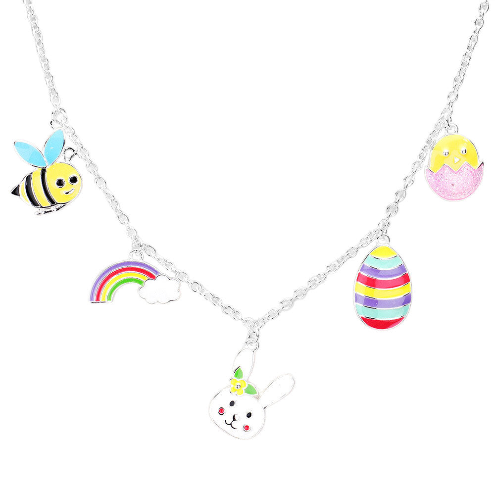 Multi Enamel Bee Rainbow Easter Egg Pendant Station Necklace, Perfect for the festive season to enhance your beauty with festive attire. Embrace the Easter spirit with these cute food/fruit-themed pendant necklaces. Also as a sweet gift for your woman, bride, ladies, mother, daughter, wife, and friends.