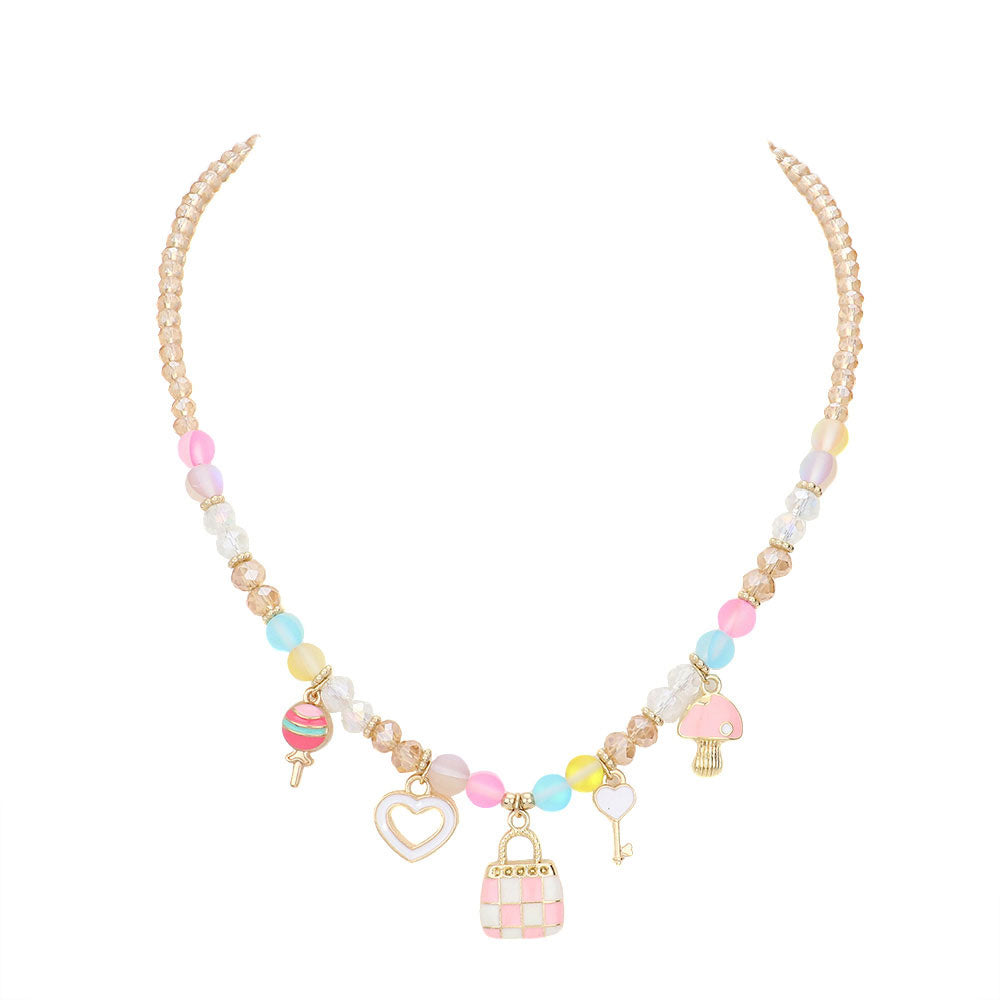 Multi Enamel Smile Heart Bag Bow Pendant Station Beaded Necklace, This beaded Necklace delicately polished will enhance your look, versatile enough for wearing straight through the week, perfectly lightweight for all-day wear, coordinate with any ensemble from business casual to everyday wear, the perfect addition to every outfit. Adds a touch of nature-inspired beauty to your look.