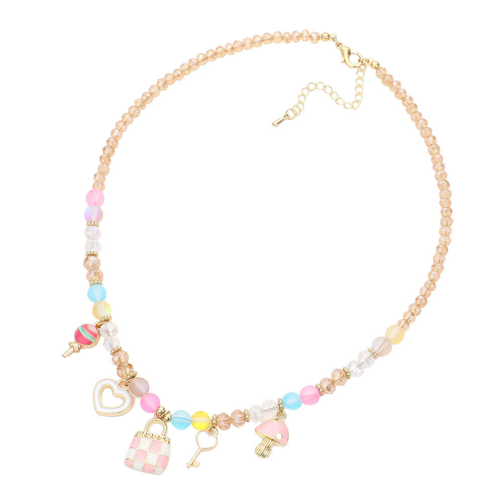 Multi Enamel Smile Heart Bag Bow Pendant Station Beaded Necklace, This beaded Necklace delicately polished will enhance your look, versatile enough for wearing straight through the week, perfectly lightweight for all-day wear, coordinate with any ensemble from business casual to everyday wear, the perfect addition to every outfit. Adds a touch of nature-inspired beauty to your look.