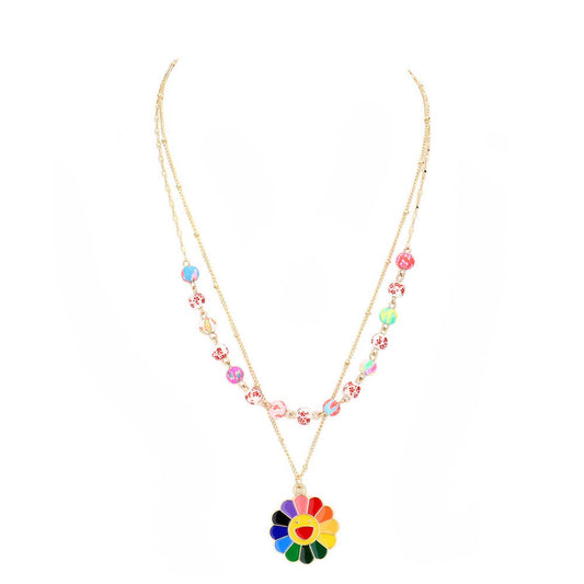 Multi Enamel Smile Pendant Flower Patterned Beaded Double Layered Necklace, put on a pop of color to complete your ensemble. Perfect for adding just the right amount of shimmer & shine and a touch of class to special events. Perfect Birthday Gift, Anniversary Gift, Mother's Day Gift, Graduation Gift, Valentine’s Gift.