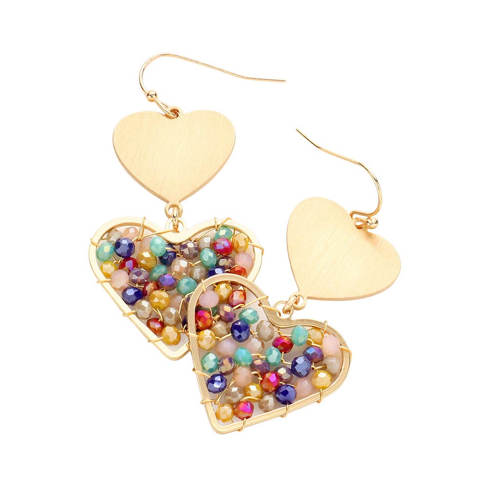 Multi Faceted Bead Wrapped Heart Link Dangle Earrings, take your love for statement accessorizing to a new level of affection with these bead heart earrings. Accent all of your dresses with the extra fun vibrant color with these heart-themed earrings. Wear these lovely earrings to make you stand out from the crowd at parties, outings, birthdays, proms, etc.
