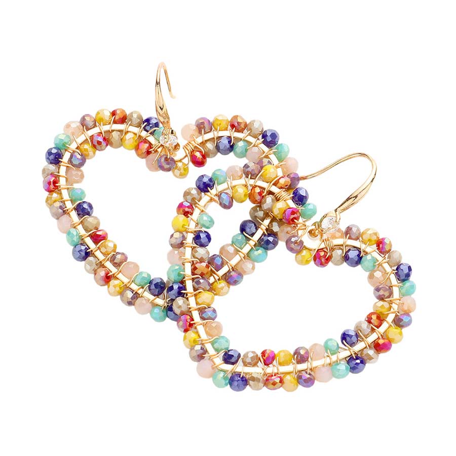 Multi Faceted Bead Wrapped Open Heart Dangle Earrings, take your love for statement accessorizing to a new level of affection with these bead heart earrings. Accent all of your dresses with the extra fun vibrant color with these heart-themed earrings.