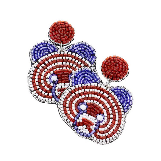 Multi Felt Back American USA Flag Bear Beaded Dangle  Earrings, get into the country  spirit with our gorgeous USA Flag  Bear beaded dangle earrings, they will dangle on your earlobes & bring a smile to those who look at you. Show your love for our country with this sweet patriotic heart USA flag style American Flag Bear Beaded Earrings. Featuring red, white and blue for a bit of fashionable fireworks flair  Perfect Gift  Birthdays, Christmas etc.