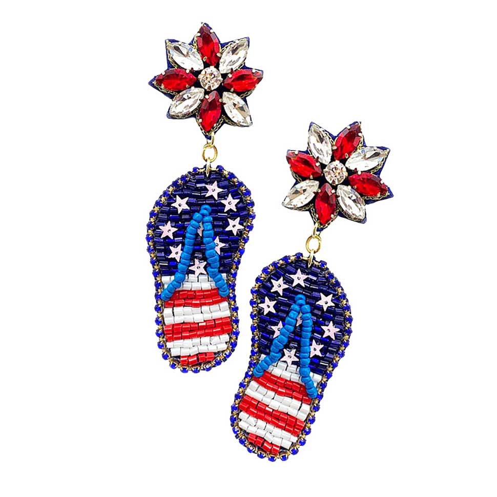 Multi Felt Back American USA Flag Flip Flop Dangle Earrings. Show your love for our country with these patriotic USA-style American Flag Earrings. Featuring red, white, and blue for a bit of fashionable fireworks flair. This flip-flop-themed earring rocks every party you attend to.