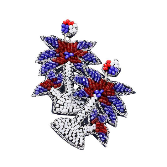 Multi Felt Back American USA Flag Palm Tree Beaded Dangle Earrings. Look like the ultimate fashionista with these Earrings! Add something special to your outfit this Valentine! Special It will be your new favorite handcrafted accessory.  Show your love for our country with this sweet patriotic heart USA flag style American Flag Bear Beaded Earrings. Featuring red, white and blue for a bit of fashionable fireworks flair. Perfect Birthday Gift, Mother's Day Gift, Anniversary Gift, Graduation Gift,