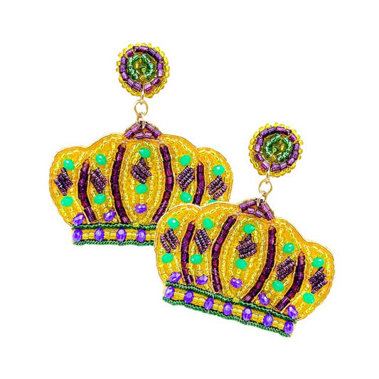 Multi Felt Back Mardi Gras Multi Beaded Crown Dangle Earrings, Beautifully crafted design adds a gorgeous glow to your Mardi Gras outfit. With these Crown Link themed earring rock every party you attend to. Surprise your loved ones on this Mardi Gras occasion, great gift idea for Wife, Mom, or your Loving One.