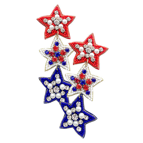 Multi Felt Back Pearl Stone USA Triple Star Link Dangle Earrings,its Beautifully crafted design adds a gorgeous glow to your any occasion outfit. Show your love for our country with this sweet patriotic USA style Earrings. These stunning Link Dangle Earrings will turn peoples heads. Surprise your loved ones this, great gift idea for Birthday Gift, Anniversary Gift, Mother's Day Gift, Graduation Gift, Just Because Gift, Thank you Gift.