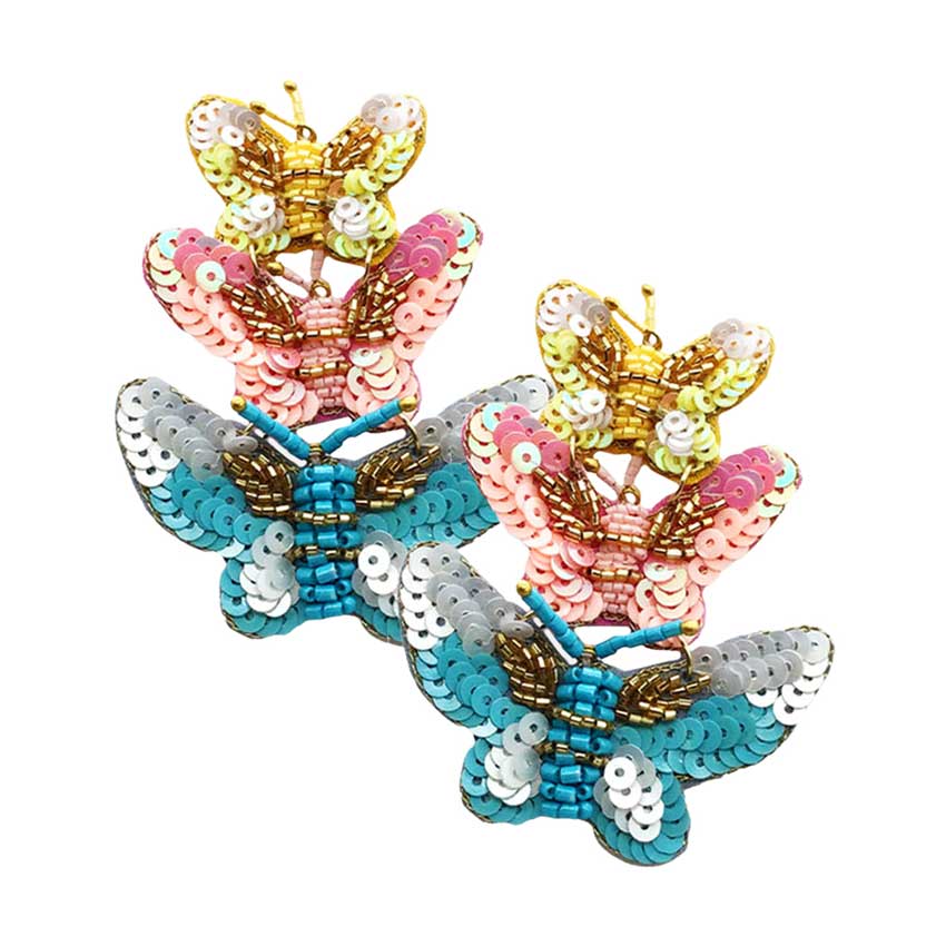 Multi Felt Back Sequin Triple Butterfly Link Dangle Earrings, These adorable sequin details butterfly link dangle earrings are bound to cause a smile. You will absolutely love these butterfly dangle earrings! They are exactly what you were looking for; This jewelry is just the right accessory to finish off any outfit. Whether for dating, parties, weddings, and daily wear, it naturally goes with any outfit