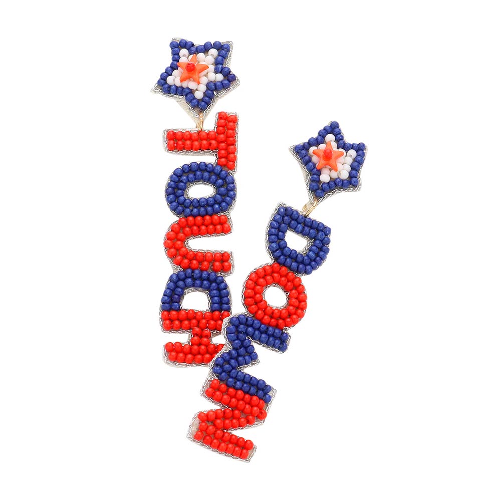 Multi Felt Back USA Flag Beaded Star Touch Down Message Earrings, Look like the ultimate fashionista with these earrings! Show your love for Your country with these sweet American flag earrings. Great for Election Day, Flag Day, 4th of July, Memorial Day, and Labor Day. Perfect gift for any national holiday and occasion.