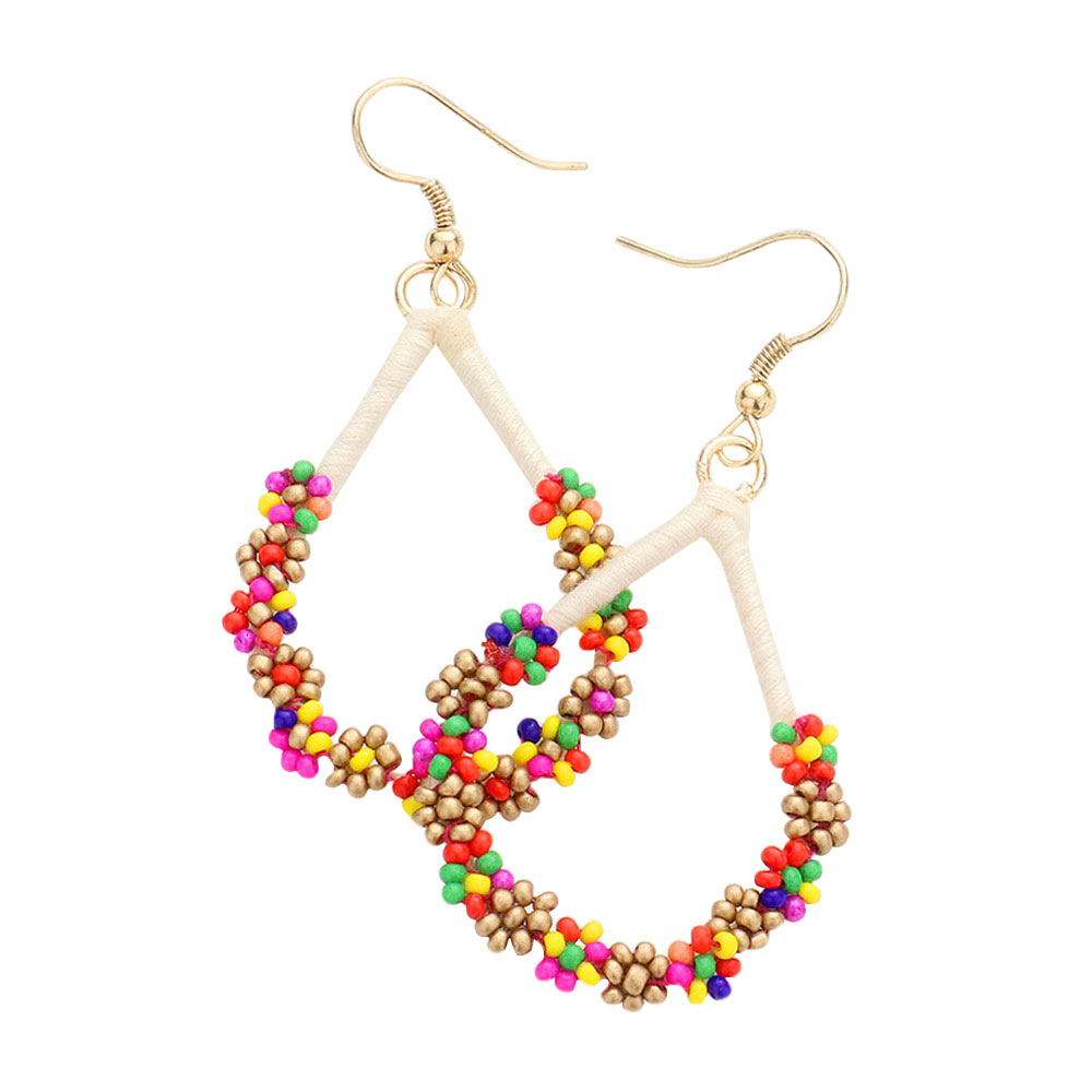 Multi Floral Seed Beaded Open Teardrop Dangle Earrings, Fashionable beaded dangle earrings for women are designed into a teardrop shape. They are the perfect addition to your earrings collection. These adorable floral details teardrop dangle earrings are bound to cause a smile. You will absolutely love these beaded earrings! They are exactly what you were looking for; This jewelry is just the right accessory to finish off any outfit.