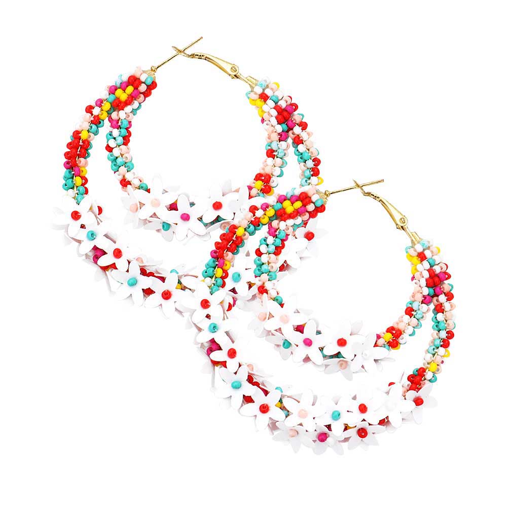 Multi Flower Cluster Accented Seed Beaded Hoop Earrings, Flower Seed Bead Earrings fun handcrafted jewelry that fits your lifestyle, adding a pop of pretty color. Enhance your attire with these vibrant artisanal earrings to show off your fun trendsetting style. This are perfect for the summer season, whether you’re at the beach, running errands, or headed to a summer wedding.