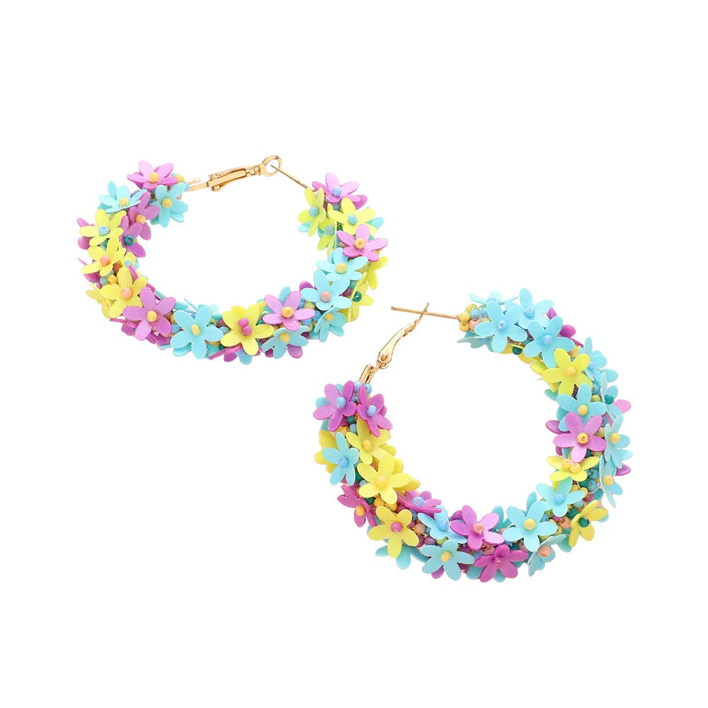 Multi Flower Cluster Hoop Earrings, There's no better summer accessory than the bright and beautiful colored cluster hoop earrings. These fun multicolored flower clusters are perfect for making a statement. Adding a feminine touch to any outfit with these intricately handmade dangle earrings.