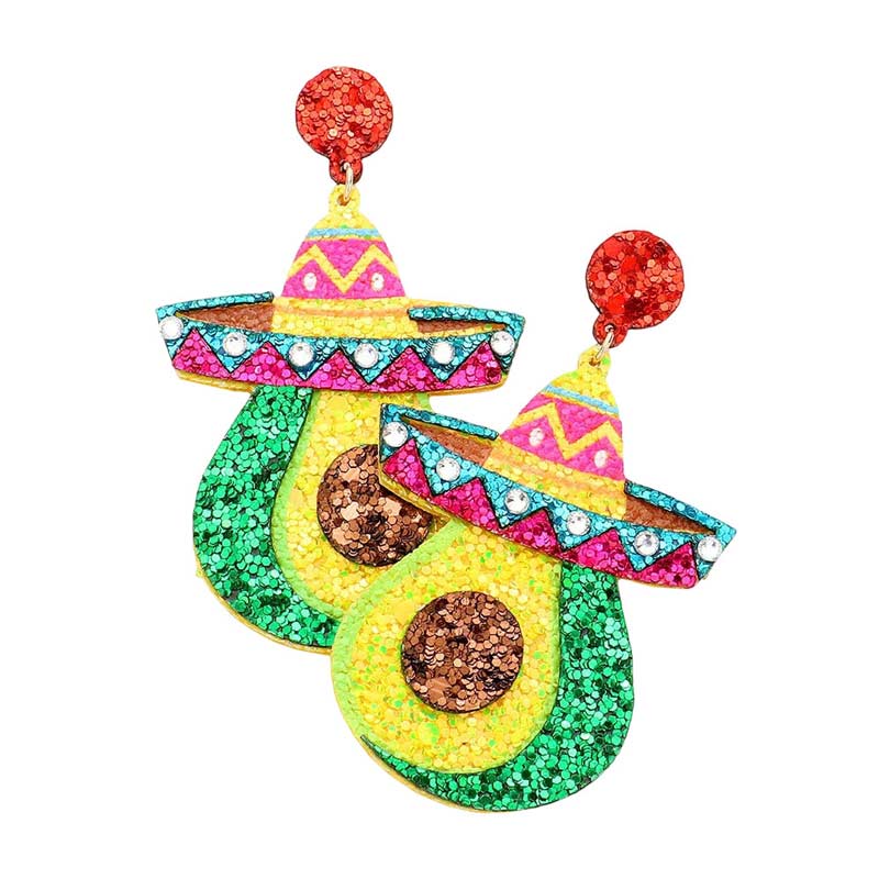 Multi Glittered Hat Avocado Dangle Earrings, are beautifully designed on a Cinco de Mayo and fruits-food theme to put on a pop of color and complete your ensemble. Get a pair as a gift to express your love for your mom, daughter, wife, sister, or girlfriend or just for you on Cinco De Mayo, Anniversary, Holiday, etc.