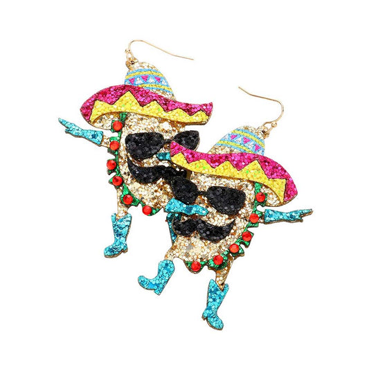 Multi Glittered Hat Taco Dangle Earrings, are beautifully designed on a Cinco de Mayo and fruits-food theme to put on a pop of color and complete your ensemble. Get a pair as a gift to express your love for your mom, daughter, wife, or sister,  just for you on Cinco De Mayo, Anniversary, Holiday, etc.