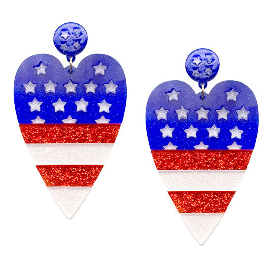 Multi Glittered Resin American USA Flag Heart Dangle Earrings helps to Show your love for our country with this sweet patriotic USA flag style American Flag Heart Dangle Earrings. Featuring red, white and blue stars and for a bit of fashionable fireworks flair. The quality earrings with beautiful prints look nice and retro. They can make you shining like star, more attractive and fashion, then you will stand out in the crowd.  Perfect Birthday Gift, Anniversary Gift, Mother's Day Gift, Thank you Gift.