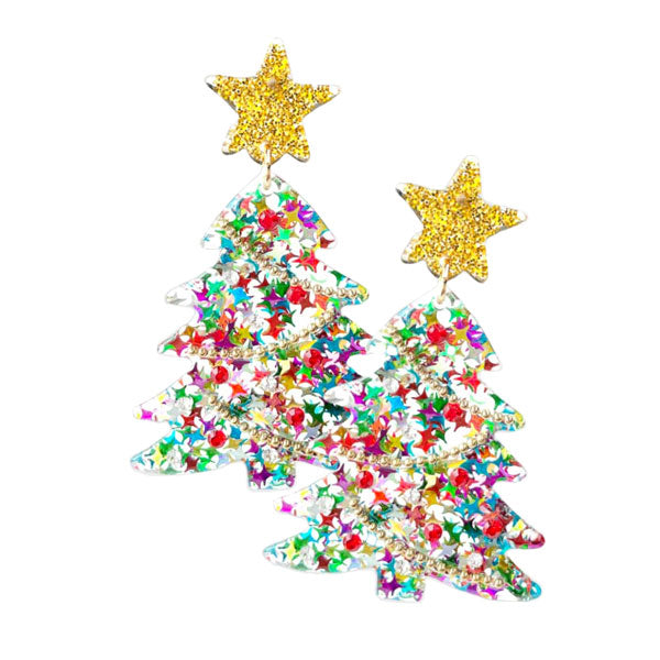 Multi Glittered Resin Star Christmas Tree Dangle Earrings. Celebrate the holidays properly sporting the Christmas Tree Dangle Earrings. They will dangle on your earlobes & bring a smile to those who look at you. Christmas Tree With Star Dangle Super Cute and Fashionable, lightweight and great for all-day wear! Gifts idea for Christmas, Thanksgiving, New Year, Anniversary Gift, Mother's Day Gift, Graduation Gift, Gift, Birthday and other special occasions.
