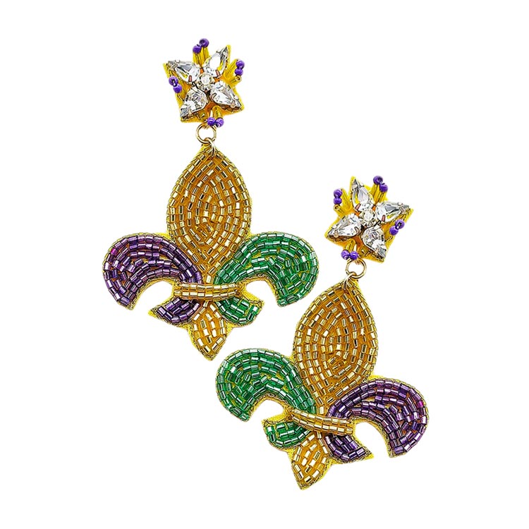 Multi Mardi Gras Felt Back Beaded Fleur de Lis Dangle Earrings, Get ready with these beaded Fleur de Lis dangle earrings with any outfit! These earrings are handcrafted jewelry that fits your lifestyle, adding a pop of pretty color. Enhance your attire with these vibrant artisanal earrings to show off your fun trendsetting style. Suitable for Bachelorette Party, fun night Out, Birthday Party or any events