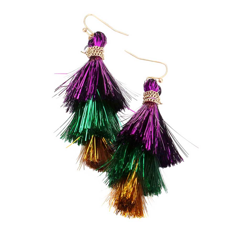 Multi Mardi Gras Fringe Dangle Earrings, are beautifully crafted earrings that dangle on your earlobes with a perfect glow to make you stand out and show your unique and beautiful look everywhere. Put on a pop of color to complete your ensemble stylishly with these Mardi Gras-themed earrings. Highlight your appearance and grasp everyone's eye at any place. 