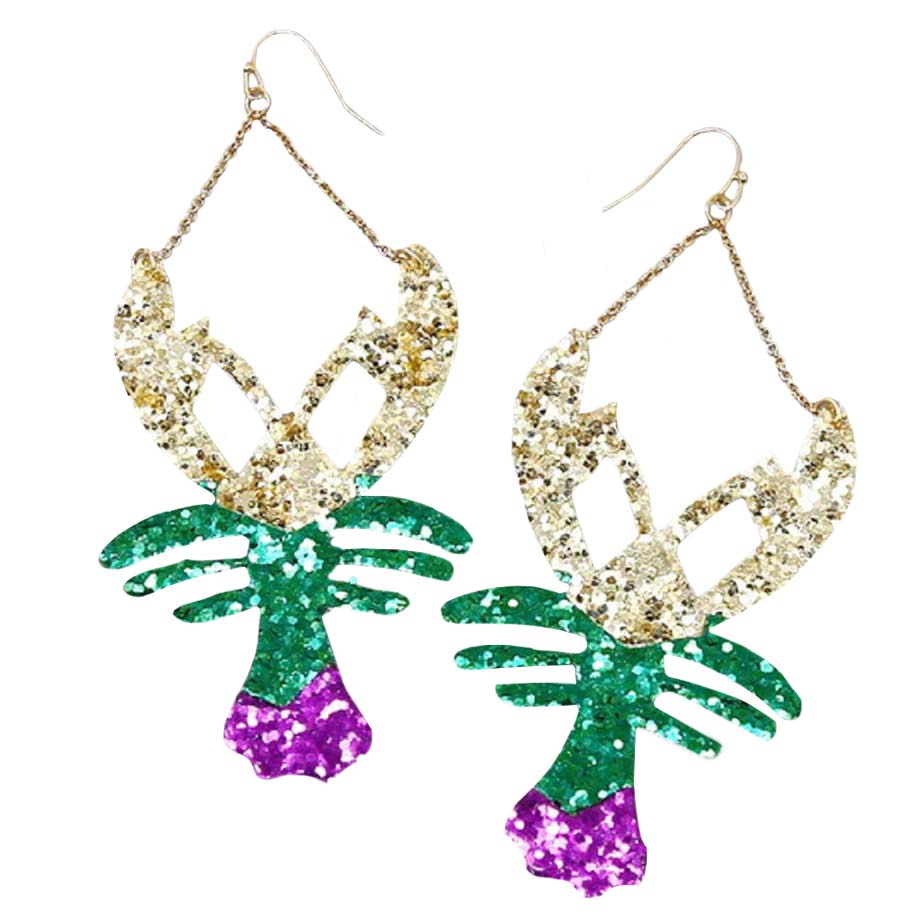 Multi Mardi Gras Glitter Lobster Drop Earrings, Show your unique & trendy choice with these Lobster Drop Earrings. It features different color combinations for the perfect fashionable touch of this mardi gras. These Sea Life Mardi Gras-themed earrings rock every party you attend to. Goes with any of your casual outfits & adds something extra special. These earrings can match your carnival costume or dress and make you immersed in the carnival festival.