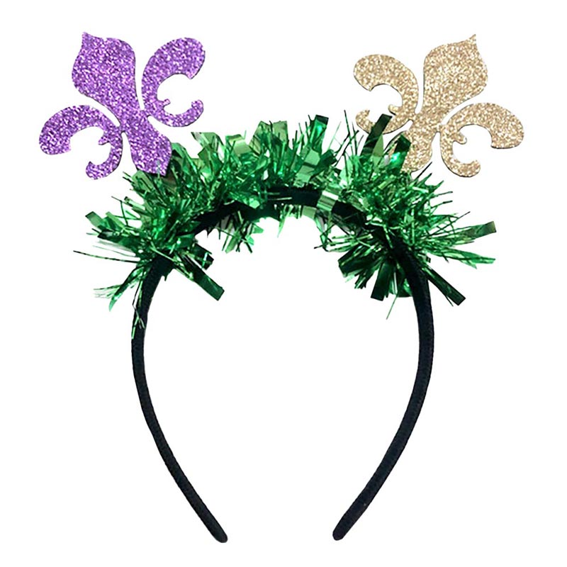 Multi Mardi Gras Glittered Fleur de Lis Headband, This Mardi Gras Headpiece is designed with glittered and sparkling which is beautiful and luxurious. It looks dazzling in the light and let you be a queen of the crowd. With a fascinator headpiece, you can complete your festival look with this glittered embellished headband. Enhance your attire with this beautiful Fleur de Lis theme headband to show off your fun trendsetting style on Mardi Gras.