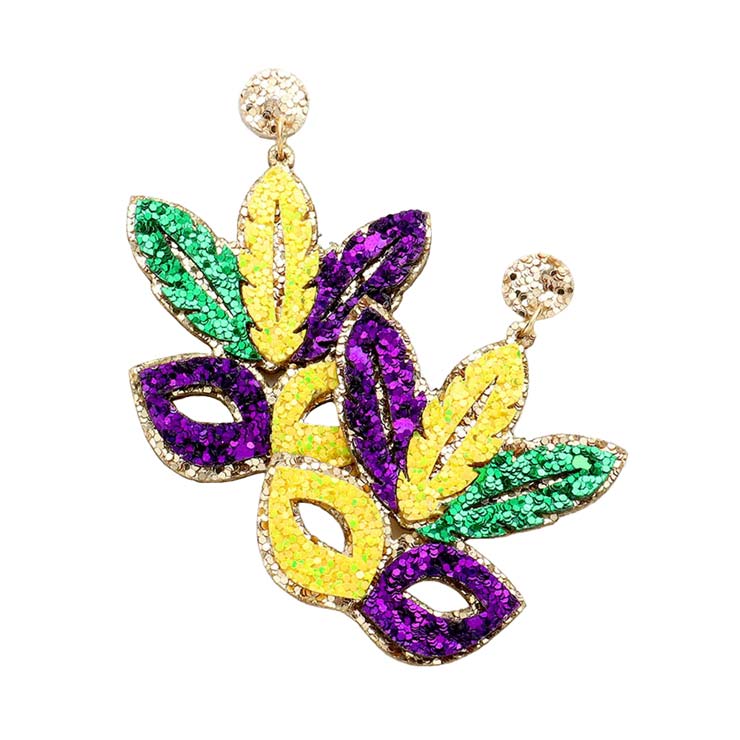 Multi  Mardi Gras Glittered Mask Dangle Earrings, are beautifully designed with the Mardi Gras theme to dangle on your earlobes with a perfect glow. Wear these beautiful Mardi Gras-themed Glittered Mask earrings to get immediate compliments. Highlight your appearance and grasp everyone's eye at any place. Enhance your attire with these beautiful Mardi Gras Mask earrings to show off your fun trendsetting style on Mardi Gras.