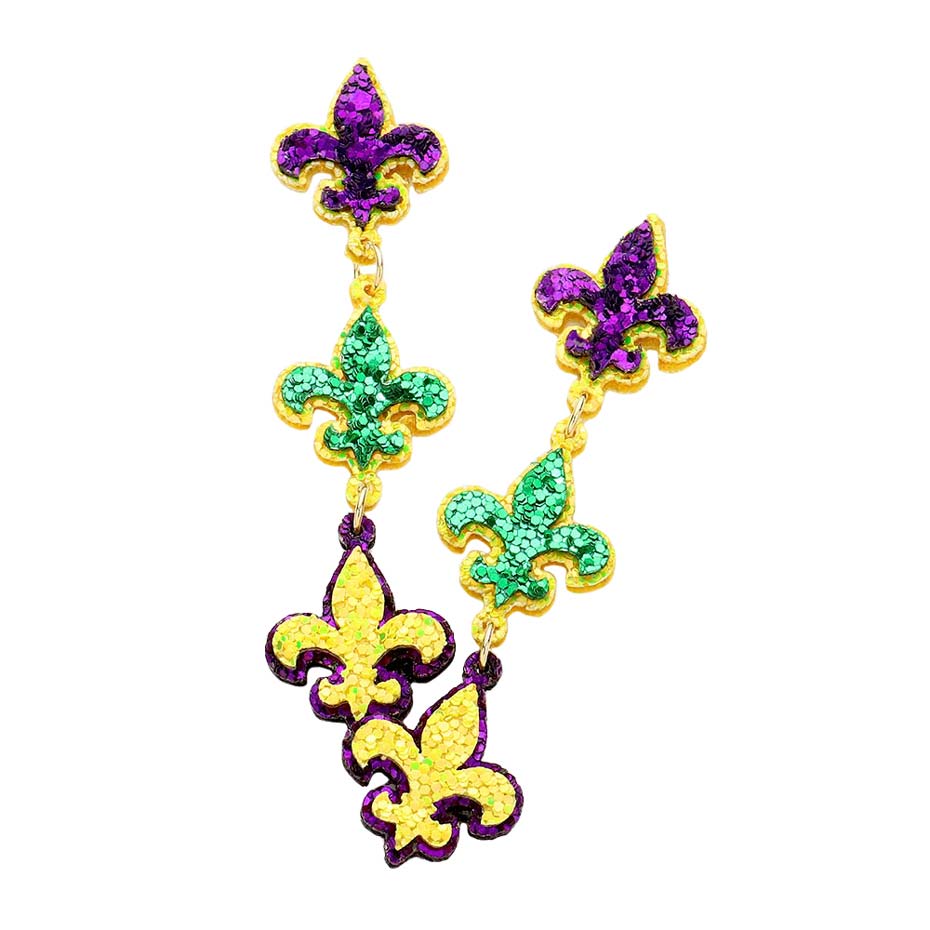 Multi Mardi Gras Glittered Triple Fleur de Lis Link Dangle Earrings, are awesome and designed with a polished finish and creative details. It will add a unique attraction to your attire & draw attention to you, especially on Mardi Gras. This Mardi Gras-themed finely crafted jewelry is an unforgettable, unique gift for women.
