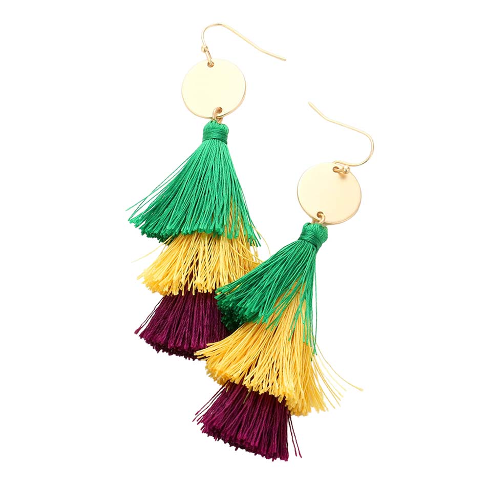 Mardi Gras Metal Disc Triple Layered Tassel Dangle Earrings, are beautifully designed for Mardi Gras on a tassel theme to put on a pop of color and complete your ensemble. Perfect for adding the perfect beauty & glamor everywhere. These tassel earrings are handcrafted jewelry that fits your lifestyle.