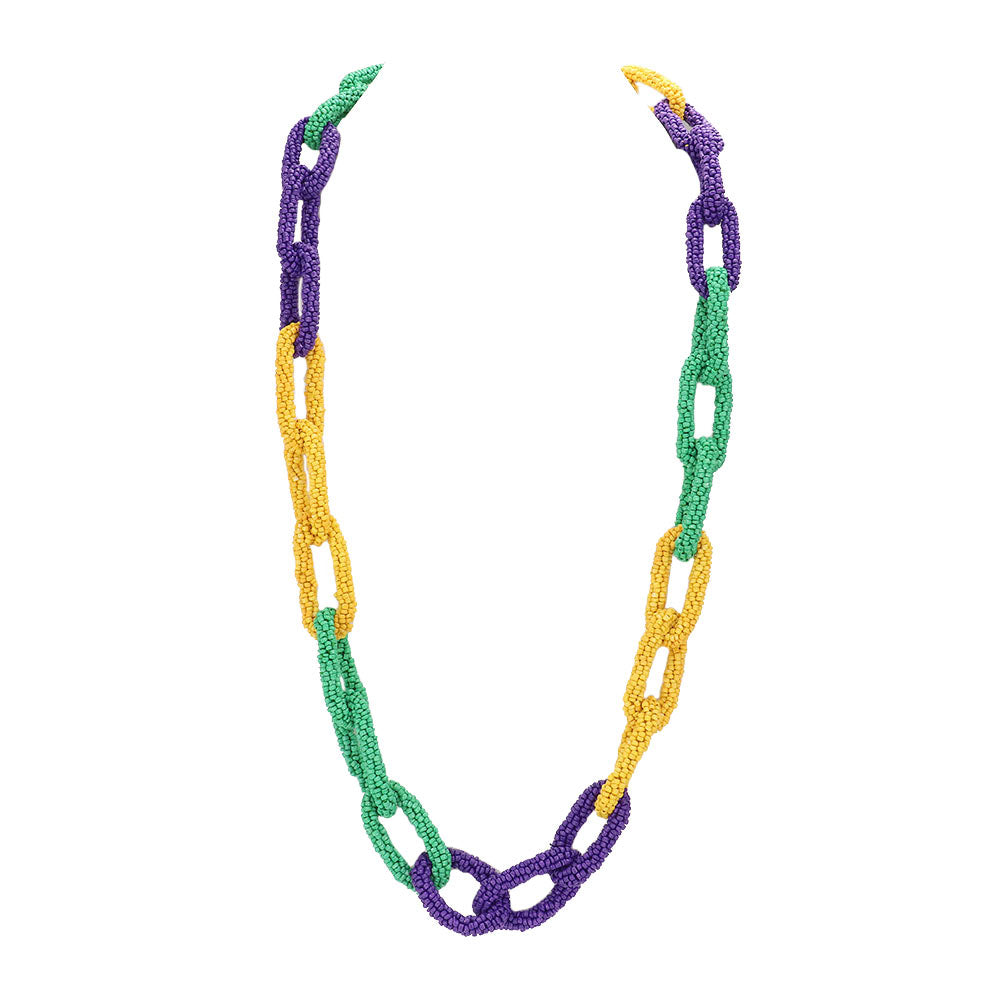 Multi Mardi Gras Seed Bead Knot Long Necklace, Beautifully crafted design adds a gorgeous glow to any outfit. Wear this with any outfit to make you stand out from the crowd with perfect style on Mardi Gras. Jewelry that fits your lifestyle in a beautiful way. Perfect gift for Birthdays, anniversaries, Mother's Day, Graduation, Prom Jewelry, Just Because, Thank you, Mardi Gras, Valentine's Day, etc. Stay unique, yet beautiful!