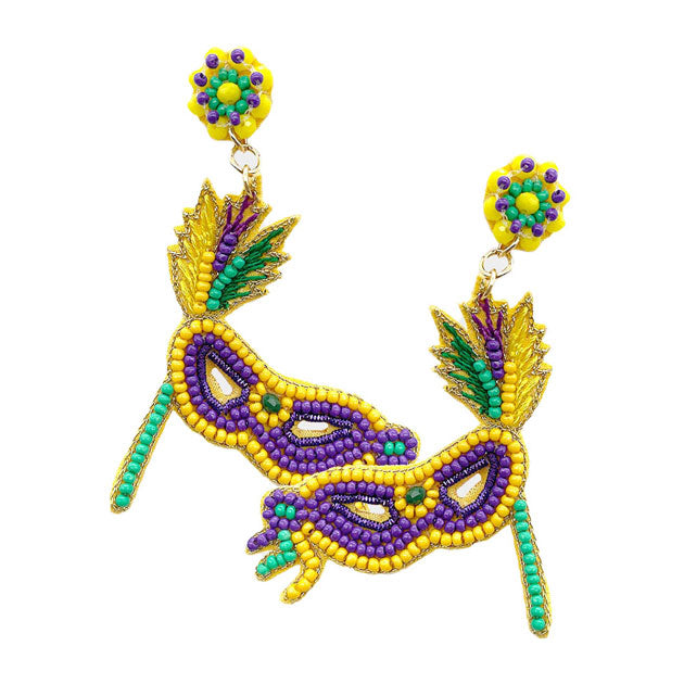 Multi Mardi Gras Seed Beaded Felt Back Party Mask Dangle Earrings, Beautifully crafted design adds a gorgeous glow to your Mardi Gras outfit. With these Party Mask themed earring rock every party you attend to. Surprise your loved ones on this Mardi Gras occasion, great gift idea for Wife, Mom, or your Loving One.