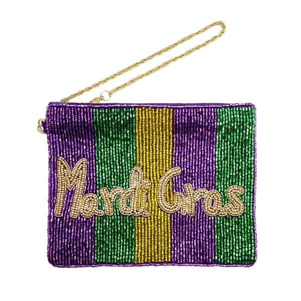 Multi Mardi Gras Seed Beaded Message Mini Pouch Bag, perfectly goes with any outfit and shows your trendy choice to make you stand out on Mardi Gras. Carry out this trendy multi-colored Mardi Gras-themed mini pouch bag while attending a Mardi Gras event. Perfect for carrying makeup, money, credit cards, keys or coins, etc. It's lightweight and perfect for easy carrying.