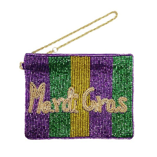 Multi Mardi Gras Seed Beaded Message Mini Pouch Bag, perfectly goes with any outfit and shows your trendy choice to make you stand out on Mardi Gras. Carry out this trendy multi-colored Mardi Gras-themed mini pouch bag while attending a Mardi Gras event. Perfect for carrying makeup, money, credit cards, keys or coins, etc. It's lightweight and perfect for easy carrying.