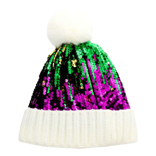 Multi Mardi Gras Sequin Pom Pom Beanie Hat, this Beanie is designed with sequins and pom pom, chic and lovely, to make you more charming and attractive in autumn and winter. The beanie hat for women is made from high-quality material and sequins, which are chunky and warm, making it ideal for winter warmth, while being stylish in the crowds at the same time.